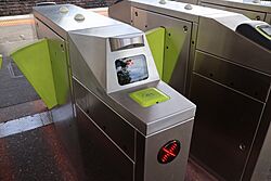 Conduent Myki reader installed on a ticket barrier at Footscray Station