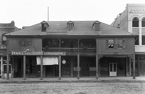 Exterior view of the Pekin Curio Store in Los Angeles Plaza, ca.1909 (CHS-5168)