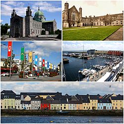 Top to bottom, left-to-right: Galway Cathedral, National University of Ireland - Galway, Eyre Square, Galway Harbour, The Long Walk