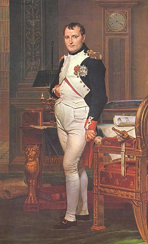 Full length portrait of Napoleon in his forties, in white and dark blue military dress uniform. He stands among rich 18th-century furniture. They have papers on them. He looks at the viewer. His hair is Brutus style, cropped close but with a short fringe in front. His right hand is in his waistcoat.