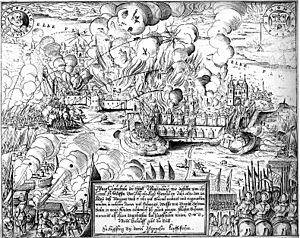 b/w print showing walled city ablaze in the background; many armed men approach from left; cannons are firing from left foreground; text box in bottom center