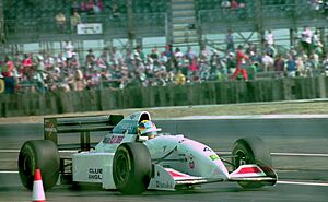 Mark Blundell - Tyrrell 022 leaves the pits at the 1994 British Grand Prix (32418592261).jpg