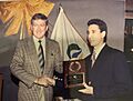 Nepomuceno receives his World Bowling Hall of Fame plaque from Bernard Gibbons in a ceremony in Johannesburg, South Africa 1993