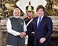 Prime Minister Narendra Modi meets the President of Argentina, Mr. Javier Gerardo Milei on his arrival at Presidential Palace, in Buenos Aires, Argentina on July 05, 2025 (1)