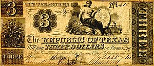Republic of Texas Three Dollars