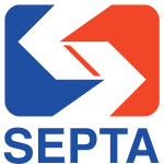 Angled white "S" with the word SEPTA in blue underneath. The background to the left of the "S" is blue and red on the right.