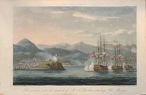 Squadron under the command of Sir J Brisbane attacking Fort Maurigio 1814