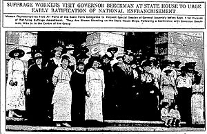 Suffrage workers visit the Rhode Island governor at state house to urge early ratification of 19th amendment, July 15, 1919