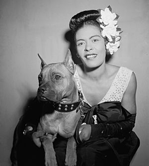 (Portrait of Billie Holiday and Mister, Downbeat, New York, N.Y., ca. Feb. 1947) (LOC) (5020400274) (cropped).jpg