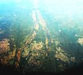 Aerial photograph of Srirangam Island between Kaveri and Kollidam rivers