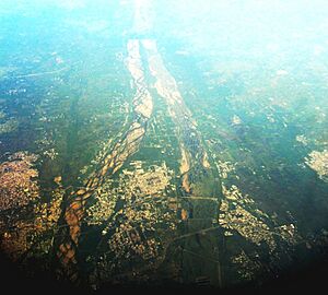 Aerial photograph of Srirangam Island between Kaveri and Kollidam rivers