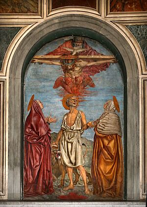 Andrea del castagno, trinità e san girolamo tra le ss. paola ed eustochia, 1453-54 ca. 01