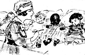 Drawing by Marguerite Martyn of a visiting nurse with medicine and four babies, 1918