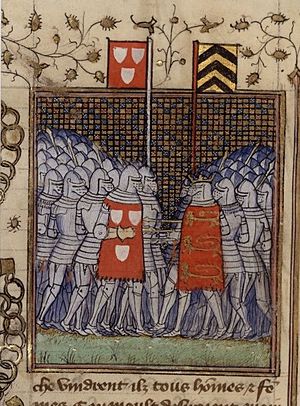 Two large groups of late medieval knights approaching each other on foot