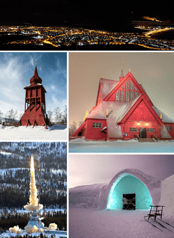 Clockwise from top: Kiruna skyline by night, Kiruna Church, the Icehotel in Jukkasjärvi, rocket launch at Esrange, bell tower at Kiruna Church.