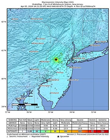 Shake map showing the epicenter of the earthquake