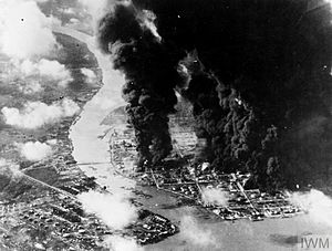 Oil refinery burning after an attack during Operation Meridian in January 1945