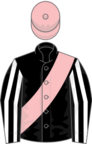 Black, white striped sleeves, pink sash and cap