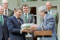 President Ronald Reagan George Shultz Garret Meeting with Garret Fitzgerald Prime Minister of Ireland Ceremony in Rose Garden to Receive Shamrocks in a Waterford Bowl