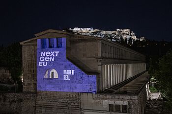 The ancient Roman Agora is illuminated during the Next Gen EU event, in Athens, Greece, on June 16, 2021