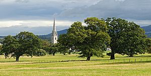 View of the St Margaret of Antioch’s Church from the Bodelwyddan Castle. Wales, UK