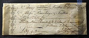 Barclays and Co. cheque. For 39 pounds, 4 shillings, and 2 pence. Issued in London by Messrs Barclay and Tritton, 1793. On display at the British Museum in London