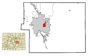 Location of the Cimarron Hills CDP in El Paso County, Colorado.