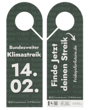 Fridays for Future Germany door hanger promoting climate strike on 14 February 2025