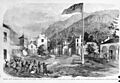 Harper's Ferry insurrection - the battle ground - Captain Alberts' party attacking the insurgents - view of the railroad bridge, the engine-house, and the village - from a sketch by our LCCN95522021 (cropped)