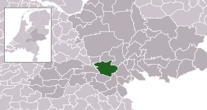 Highlighted position of Overbetuwe in a municipal map of Gelderland