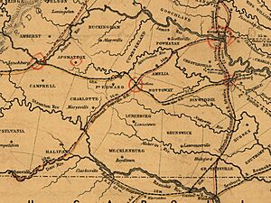 Map of the proposed line of Rail Road connection between tide water Virginia and the Ohio River at Guyandotte, Parkersburg and Wheeling - Cropped to show the Southside Railroad