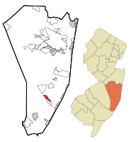 Map of Manahawkin CDP in Ocean County. Inset: Location of Ocean County in New Jersey.
