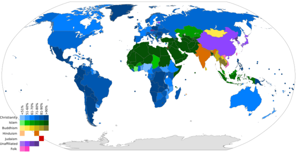 Prevailing religious population by country percentage