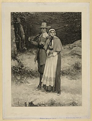 A drawing of a male and female couple in 17th-century clothing standing together in snowy woods. The man has an antiquated musket held over his shoulder.