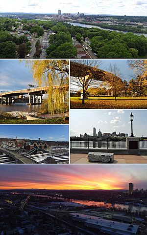 Clockwise from top: Looking Southwest on Washington Ave. towards Albany; Riverfront Park boat dock; Fall foliage beneath the Dunn Memorial Bridge in Riverfront Park; CDTA Albany-Rensselaer Amtrak Station; Albany skyline from the Rensselaer esplanade at DeLaet's Landing; and the sun sets over Albany on a cold winter night.