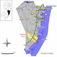 Map of Stafford Township in Ocean County. Inset; Location of Ocean County highlighted in the State of New Jersey.