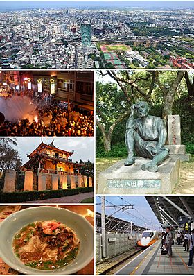 Clockwise from top: Downtown Tainan, Statue of Yoichi Hatta, THSR Tainan Station, Dan zai noodles, Fort Provintia, Beehive firework in Yanshuei.