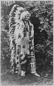 Umapine (Wakonkonwelasonmi), a Cayuse chief, full-length, standing, wearing a feathered head-dress, 09-1909 - NARA - 531112