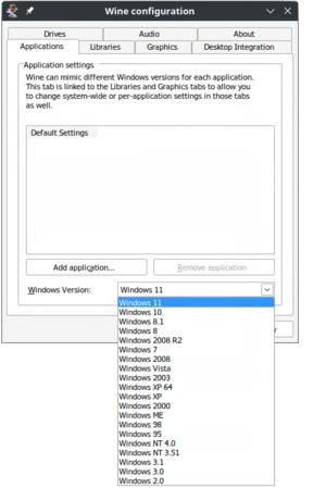 Winecfg in Wine 10.0 applications screenshot