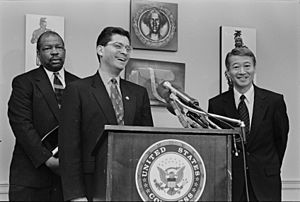 Xavier Becerra, Robert Matsui, and Elijah Cummings at a press conference on civil rights