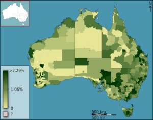 Australian Census 2011 demographic map - Australia by SLA - BCP field 7364 Electricity gas water and waste services Total