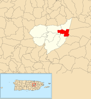 Location of Bairoa within the municipality of Aguas Buenas shown in red