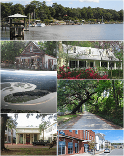 Clockwise from top: the May River, the Heyward House, a gravel path, CareCore Dr, a Post Office, Myrtle Island, and The Store