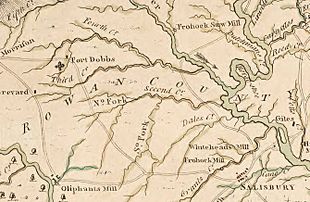 A 1770 map depicting the location of Fort Dobbs in North Carolina.