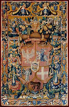 Heraldic tapestry of Žygimantas Augustas with Lithuanian coat of arms Vytis, Polish eagle and coats of arms of Volhynia, Smolensk, Kyiv voivodeships, circa 1548