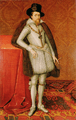 A full-length portrait of a middle-aged man, wearing a grey doublet with grey tights, and brown fur draped over his shoulders