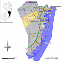 Map of Manchester Township in Ocean County. Inset: Location of Ocean County highlighted in the State of New Jersey.
