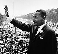 Martin Luther King Jr. addresses a crowd from the steps of the Lincoln Memorial (cropped)
