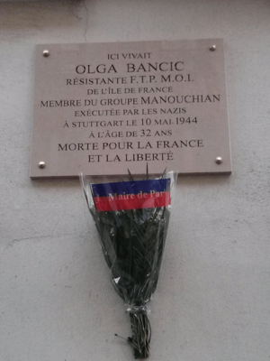 Plaque commemorative Olga Bancic 114 rue du Chateau Paris 14