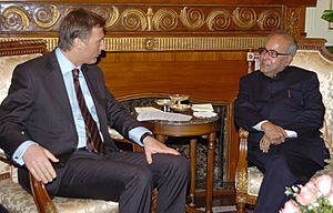 The Canadian Foreign Minister, Mr.Maxime Bernier meeting with the Union Minister of External Affairs, Shri Pranab Mukherjee, in New Delhi on January 12, 2008